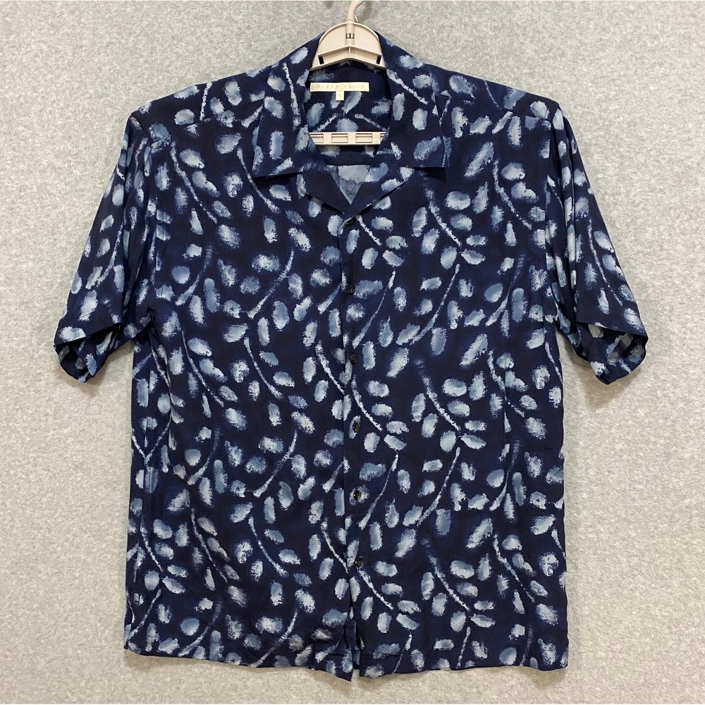 PERRY ELLIS Men's Large 100% Silk Short Sleeve Button Front Blue Beach Shirt